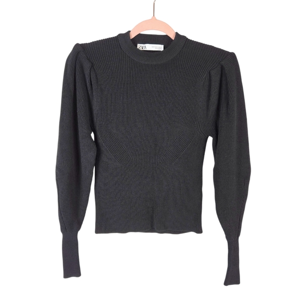 Zara Baloon Puff Sleeve Ribbed Crewneck Jet Black Sweater - Picture 3 of 13
